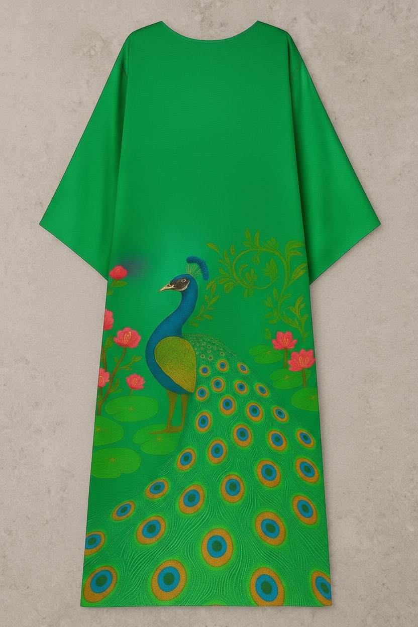 Regal Peacock Paradise – Emerald Silk Kaftan - Image 3