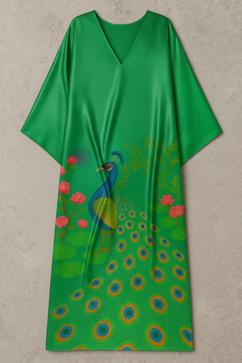 Regal Peacock Paradise – Emerald Silk Kaftan - Image 2
