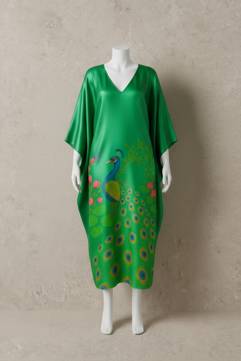 Regal Peacock Paradise – Emerald Silk Kaftan - Image 4