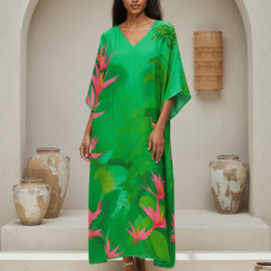 Rainforest Bloom – Whispering Wild Paradise Silk Kaftan