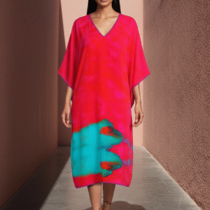 Neon Mirage – Hot Pink & Aqua Abstract Silk Kaftan