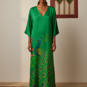 Regal Peacock Paradise – Emerald Silk Kaftan