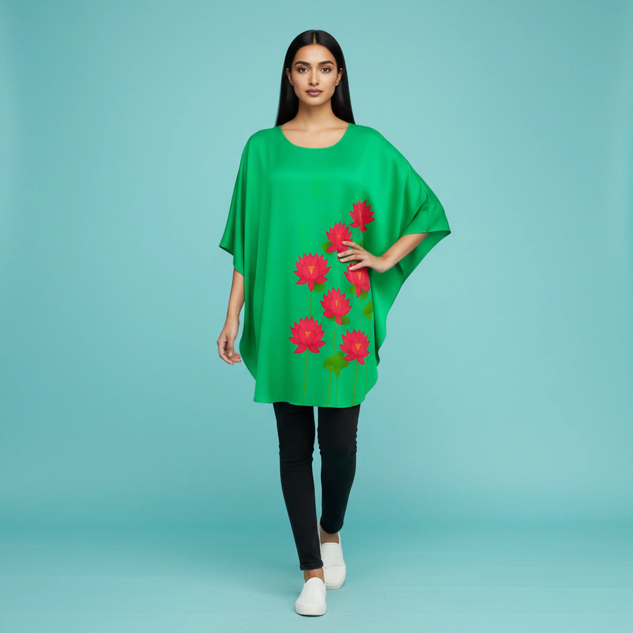 Emerald Lotus Bloom Satin Silk Blouse Top