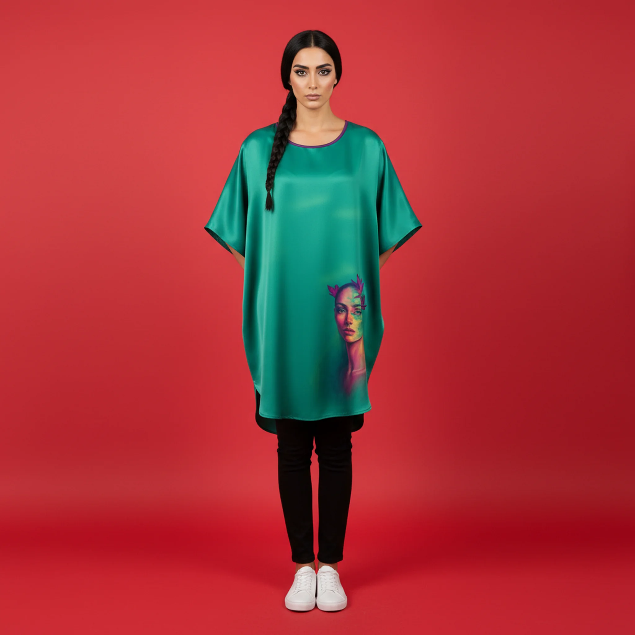 Emerald Muse Portrait Satin Silk Blouse Top