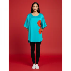 Turquoise Poppy Bloom Satin Silk Blouse Top