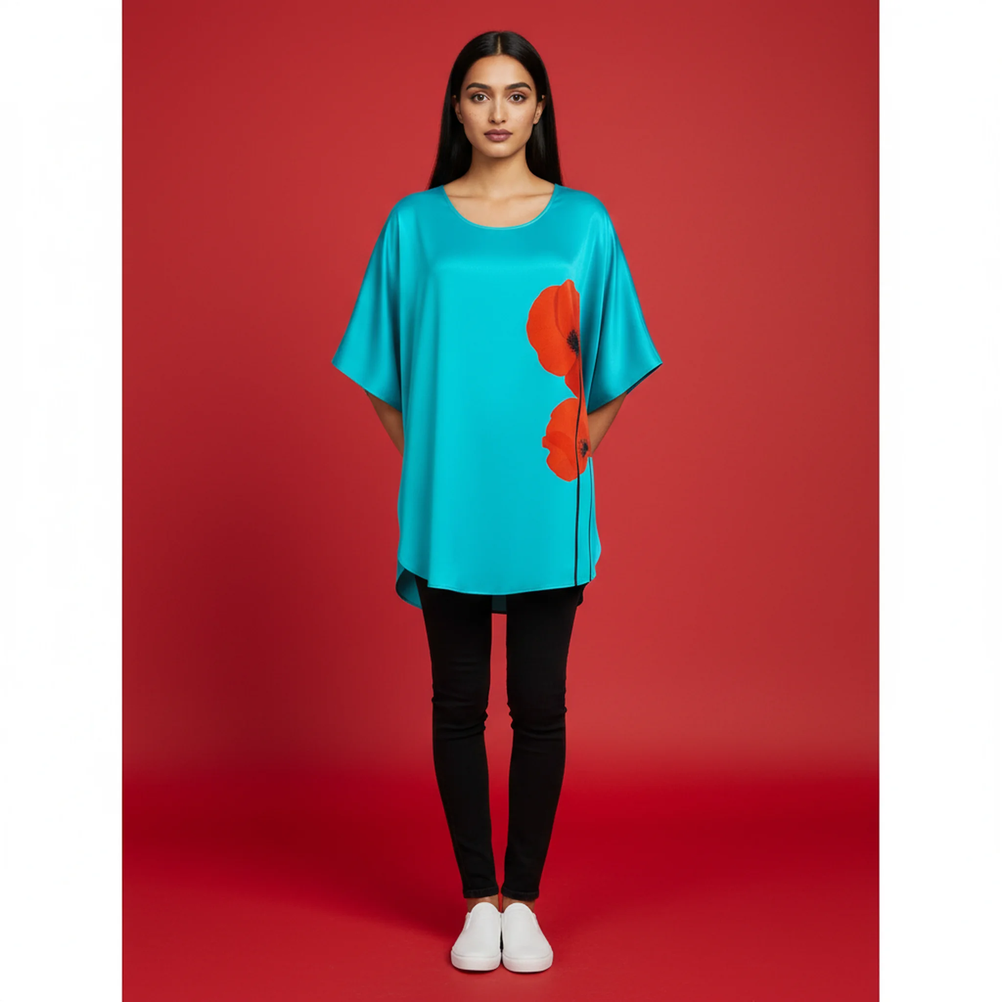 Turquoise Poppy Bloom Satin Silk Blouse Top