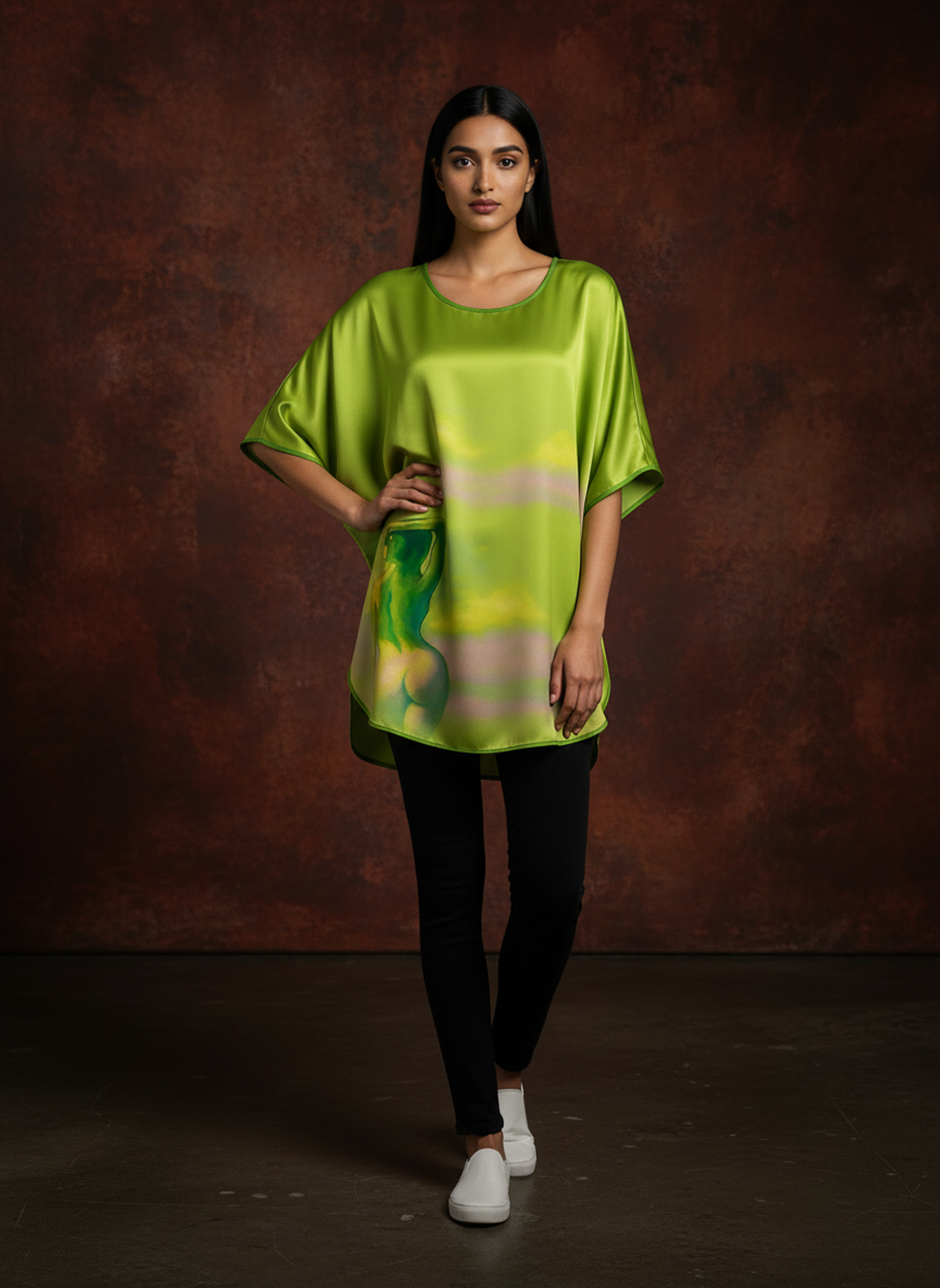 Lime Sheen Aura Satin Silk Blouse Top