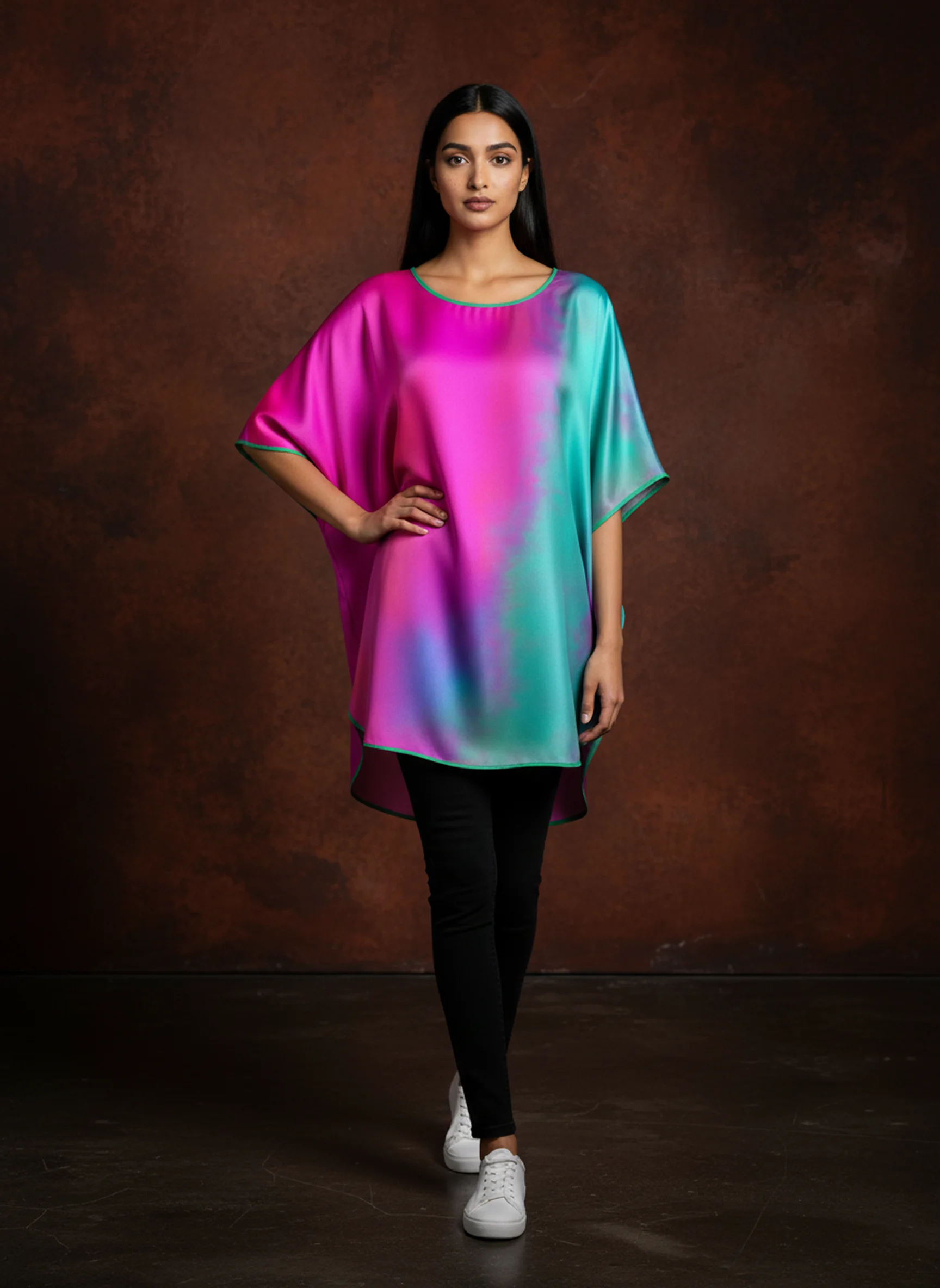 Neon Mirage Ombre Satin Silk Blouse Top