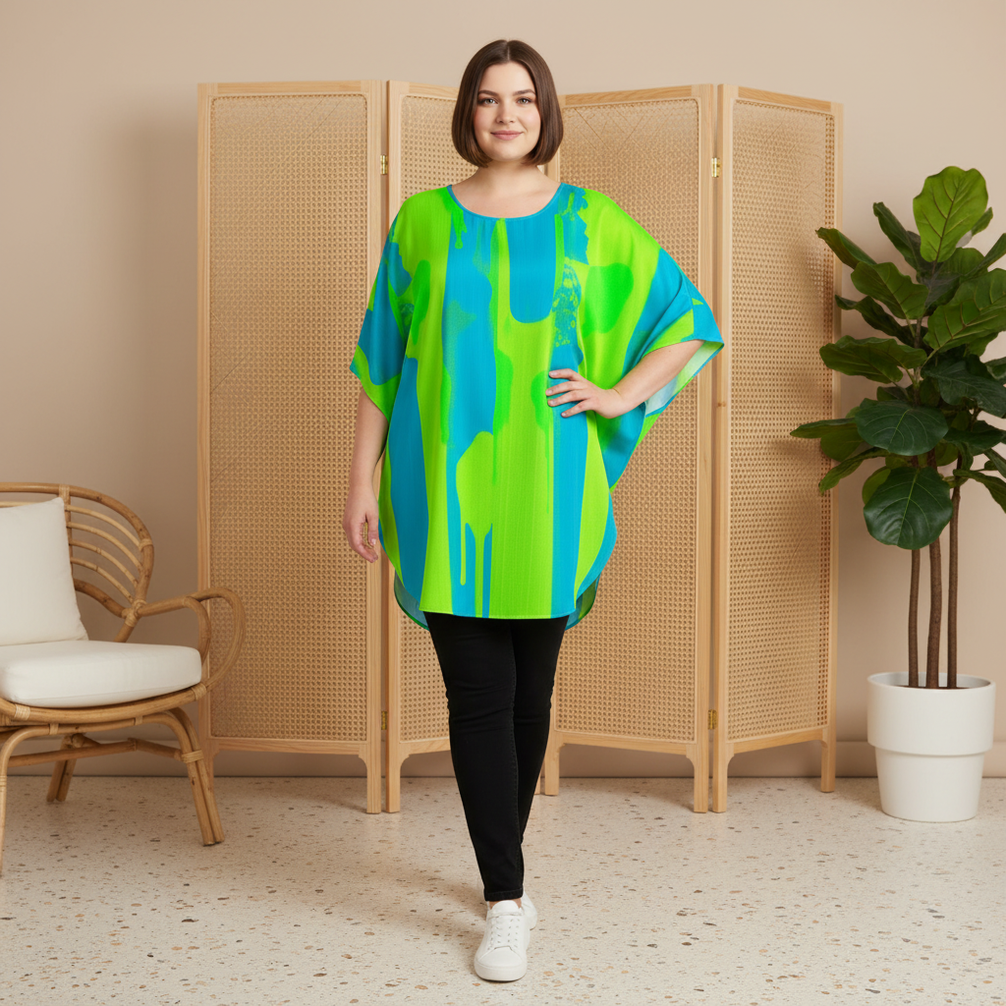 Neon Splash Satin Silk Blouse Top - Image 2